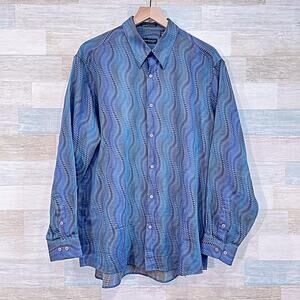 Jhane Barnes Vintage Wavy Stripe Jacquard Shirt Blue Japanese Fabric Mens Large